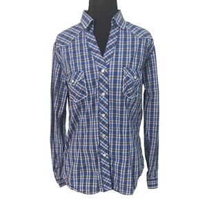 Panhandle Rough Stock Women's Blue Plaid Pearl Snap Western Shirt Medium Cowgirl